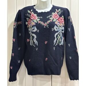 VTG Herman Geist Hand Embroidered Floral Wool Blend Sweater Cottagecore M Navy